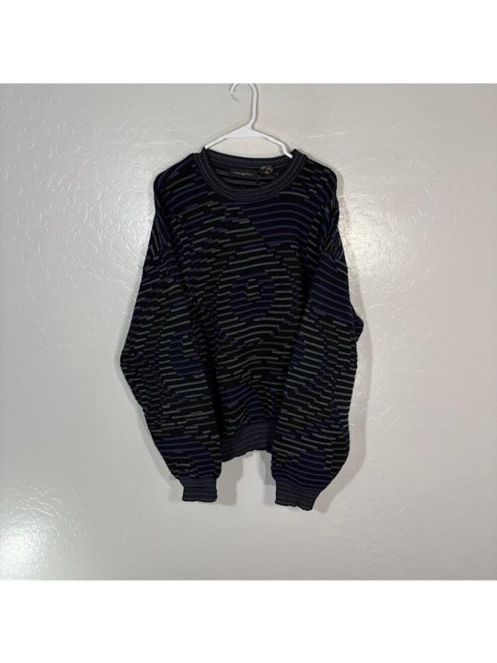 Vintage Jhane Barnes Sweater Mens Large Blue Wool Abstract Pattern Knit 90s